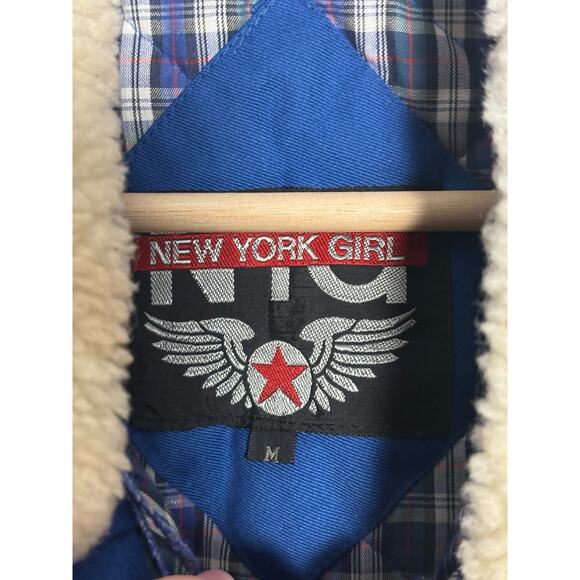 Vintage New York Girl NYC Royal Blue Bomber Jacket with Shearling Collar - Picture 5 of 9